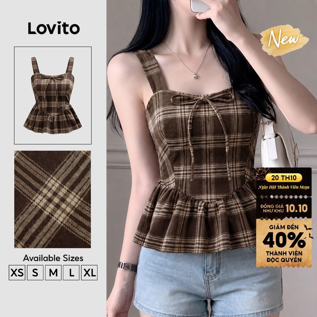 (New Arrival) Lovito Áo nữ màu nâu Thanh lịch kẻ Caro không Tay cổ chữ U buộc dây hình học Phong cách thường ngày Cho mùa xuân hè và cuối tuần TKB204P1D718