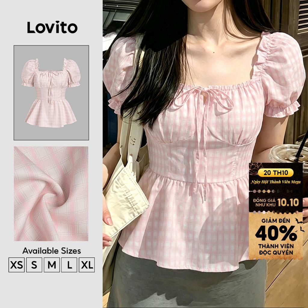 Lovito Áo sơ Mi nữ màu hồng mùa xuân/hè kiểu dáng thường ngày họa tiết buộc dây BLB203TD007