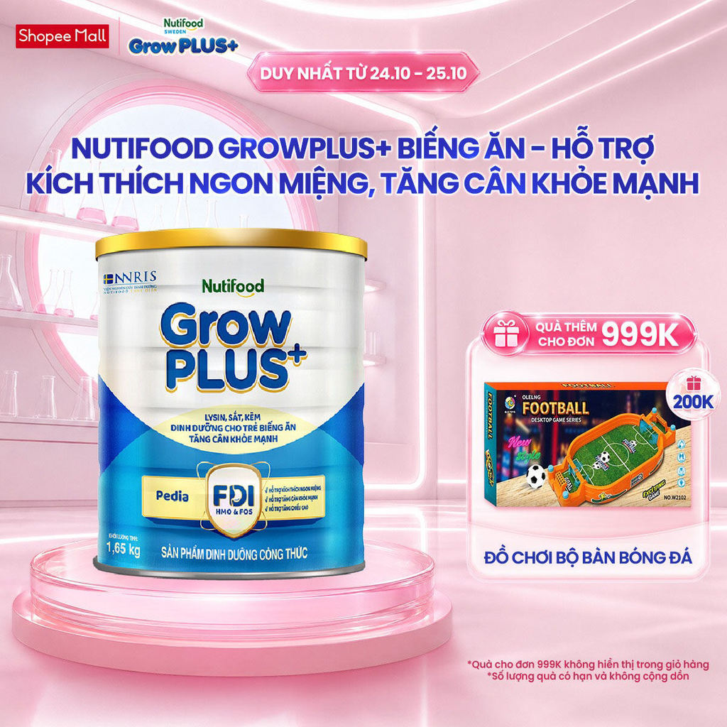 Sữa Bột Nutifood GrowPLUS+ Biếng Ăn (Xanh) 1+ - Tăng Cân Khỏe Mạnh (Lon 1,65 Kg)