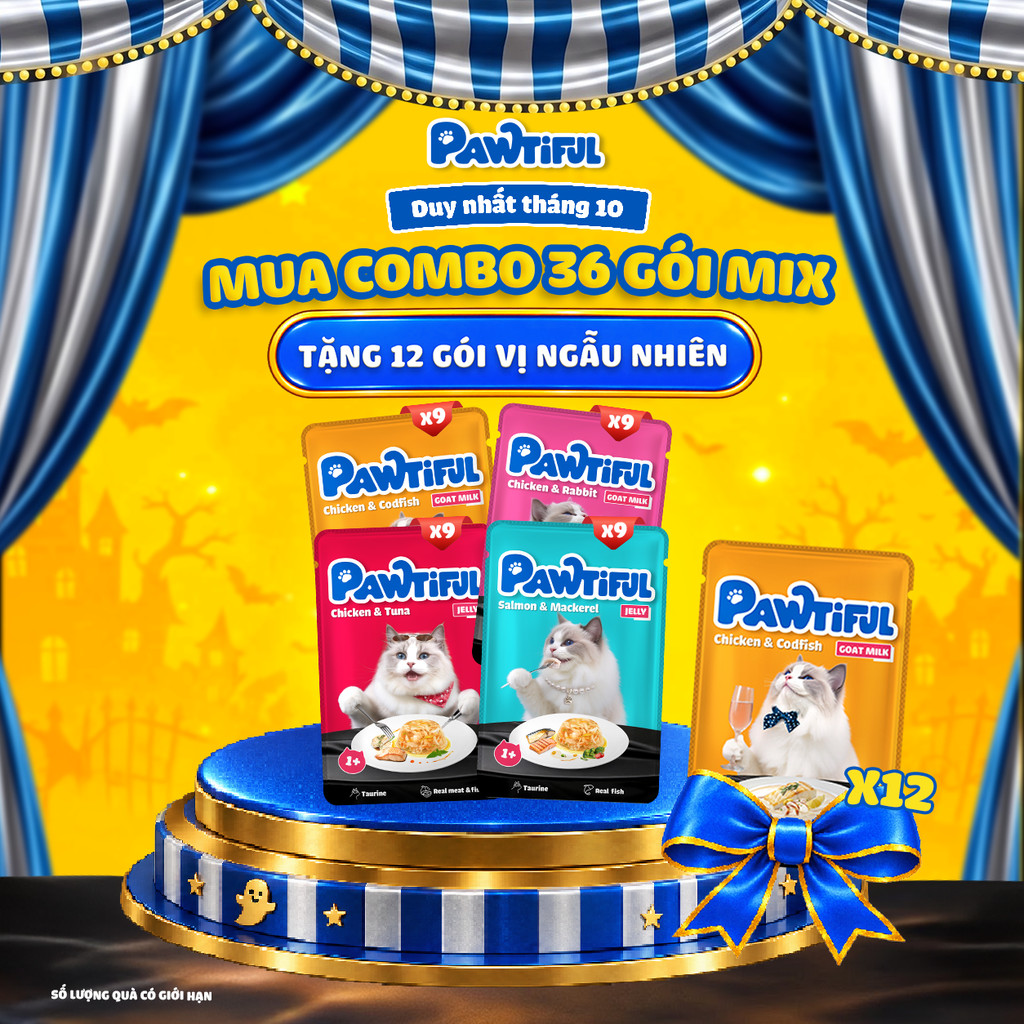 [MUA 36 TẶNG 12] Combo 36 gói Pate Pawtiful cho mèo mix 2 dạng Sữa Dê & Thạch 70G x36