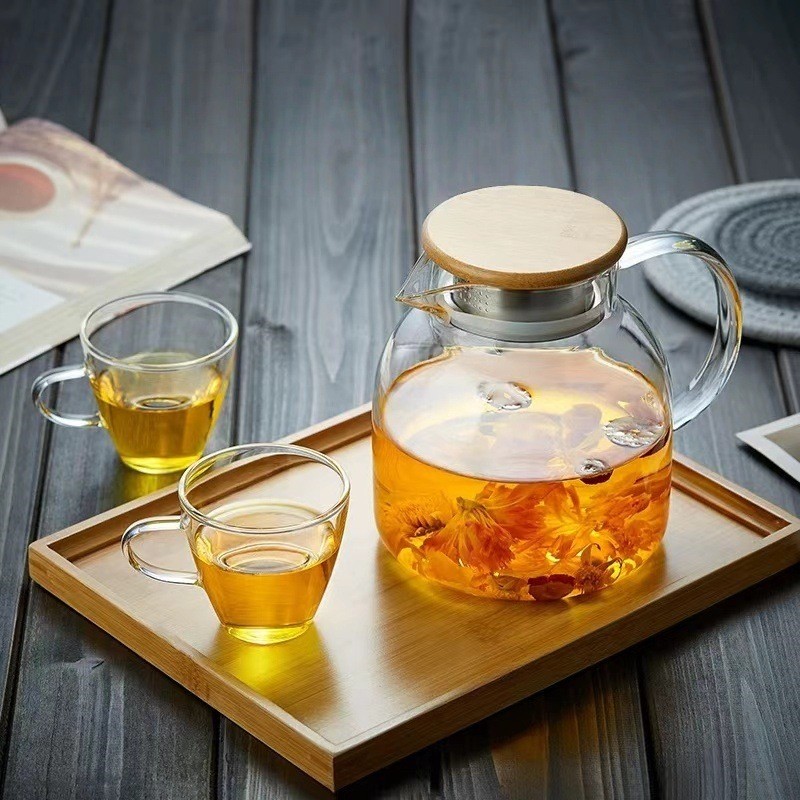 Ấm Siêu Tốc Lạnh Đơn Giản Dung Tích Lớn Thủy Tinh Borosilicate Cao Ấm Trà Hộ Gia Đình Tre Nắp Thép Thơm Trà Chịu Nhiệt Độ Cao Lạnh
