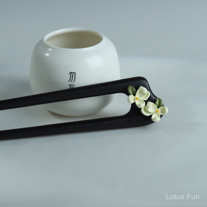 Kẹp tóc đôi Gardenia - Gỗ đàn hương hình chữ U, Style handmade và phong cách Trung Quốc hiện đại, phụ kiện tóc cổ điển