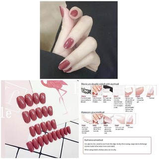 24 Cái / bộ Tròn Cô Dâu Giả Móng Tay Đậu Màu Đỏ Móng Tay Giả Pháp Acrylic Nhân Tạo Móng Tay Giả Nghệ Thuật Đầu Có Keo Dán
