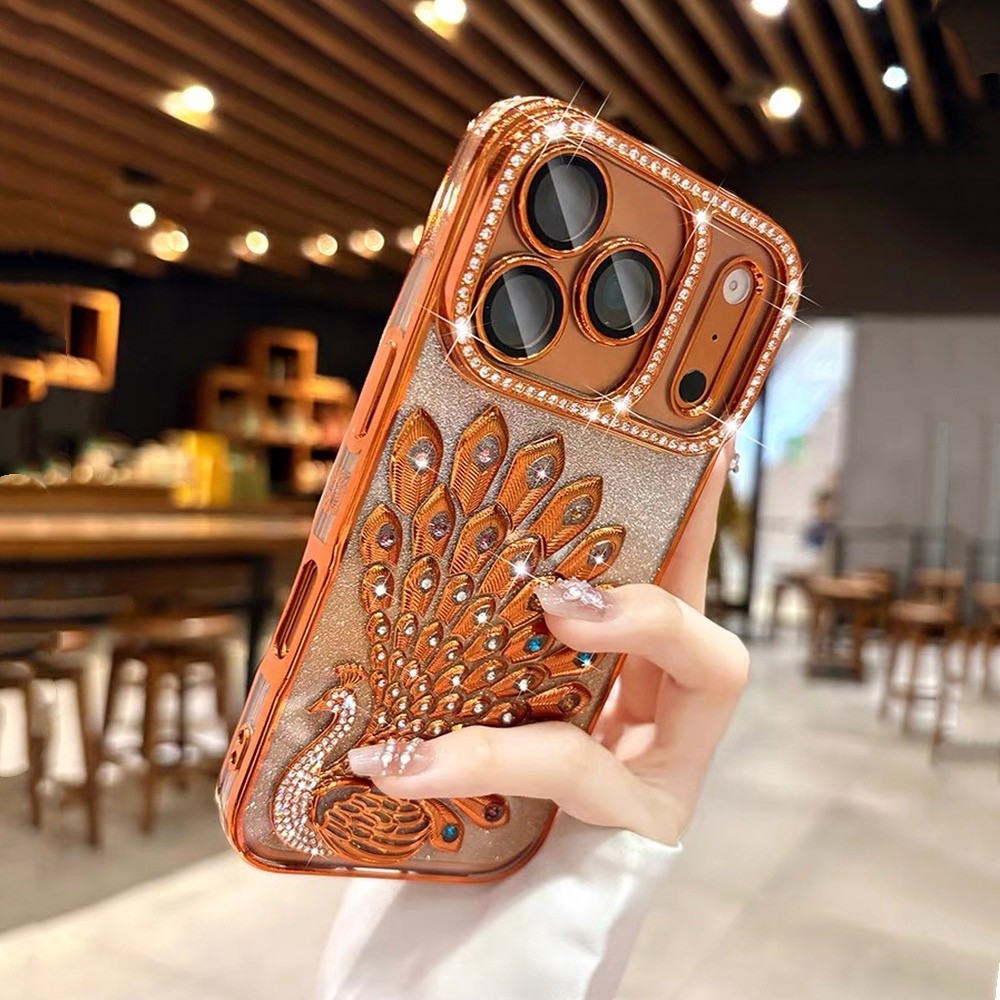 Sang Trọng Con Công Lấp Lánh Mạ Có Ống Kính Phim Vỏ Điện Thoại Cho iPhone 17 Pro Max 17 Air 16 Plus 15 14 13 Vỏ Bảo Vệ Chống Sốc