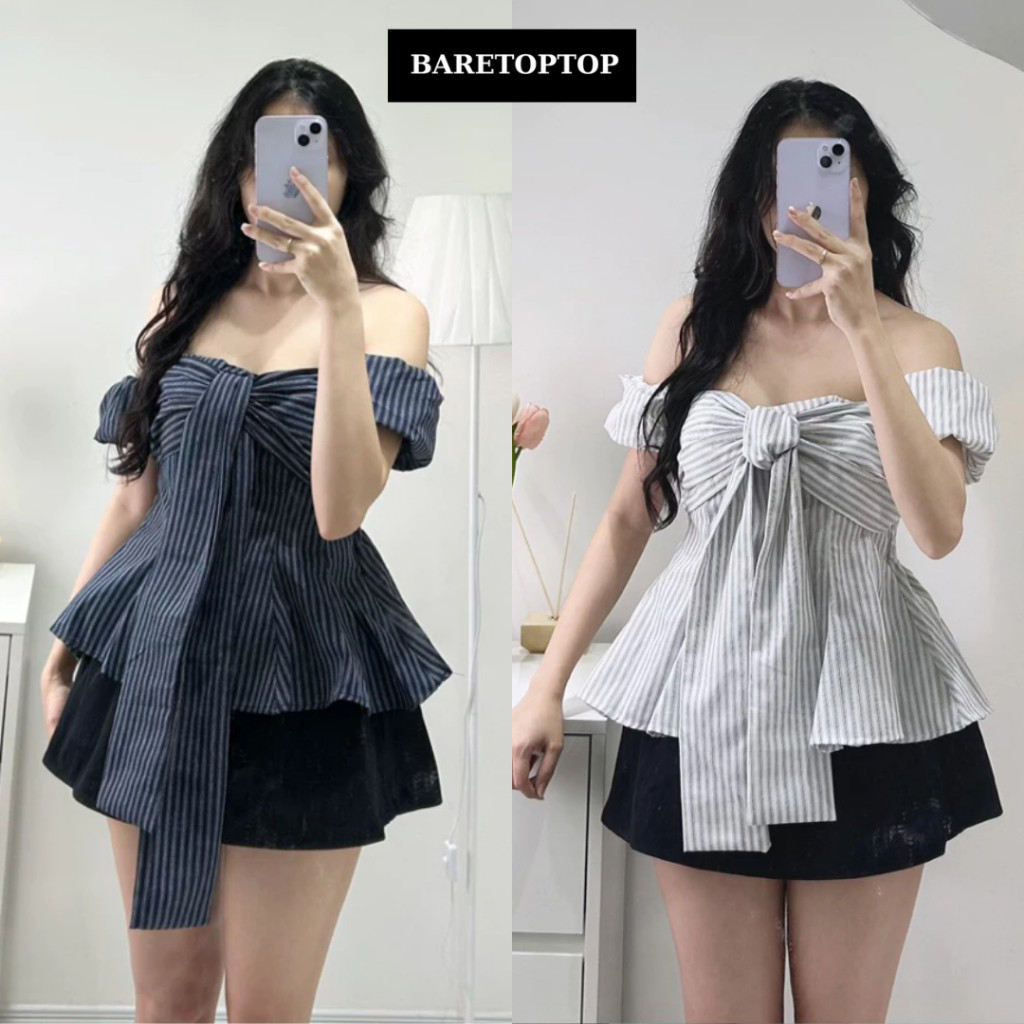 Áo kẻ trễ vai thắt dây ngực chiết eo tay bo chun mặc được nhiều kiểu (có cúc tháo rời) IVORY TOP_A699