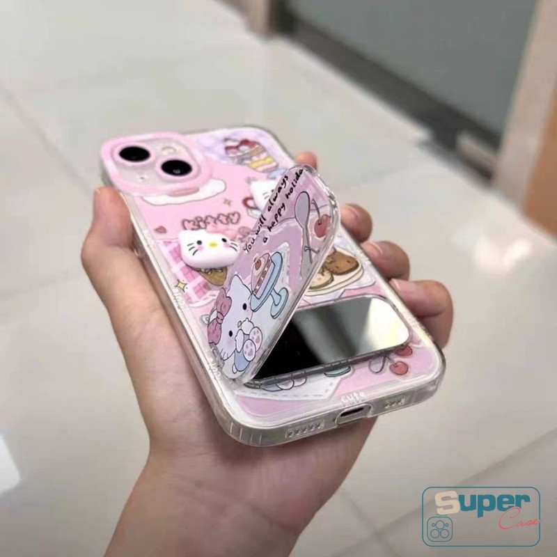 Ốp Lưng Cho Realme C61 C53 C55 C63 C67 C51 C75 C25Y Note 50 60 C21 C25 5S 11 6i 5 9i 5i C2 C3 C15 C65 12 Thời Trang Dễ Thương 3D Hello Kitty Kem Món Tráng Miệng Gương Giá Đỡ Mềm