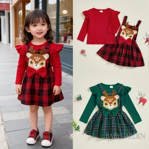 Bộ 2 món Giáng sinh cho bé gái mới biết đi Áo dài tay có gân và váy tổng thể kẻ sọc tuần lộc