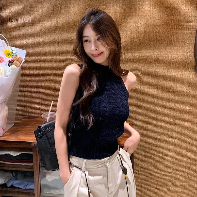 Áovest nữ form slim vừa vặn và co giãn, dây cổ dệt kim, thời trang hiện đại