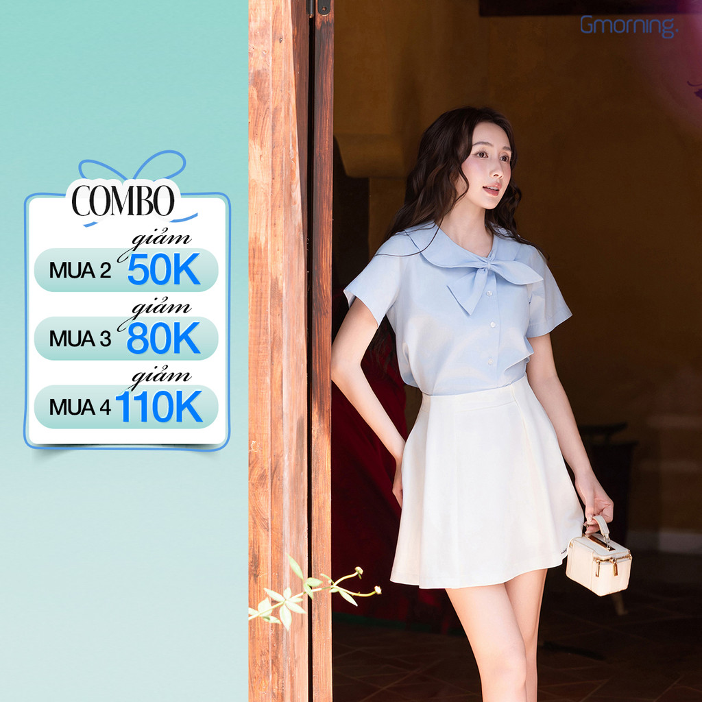 Áo Kiểu Nữ Gmorning - GUMAC Áo Sơ Mi Dáng Lửng Tay Ngắn Chất Kate Cổ Cách Điệu Thắt Nơ YAG04080