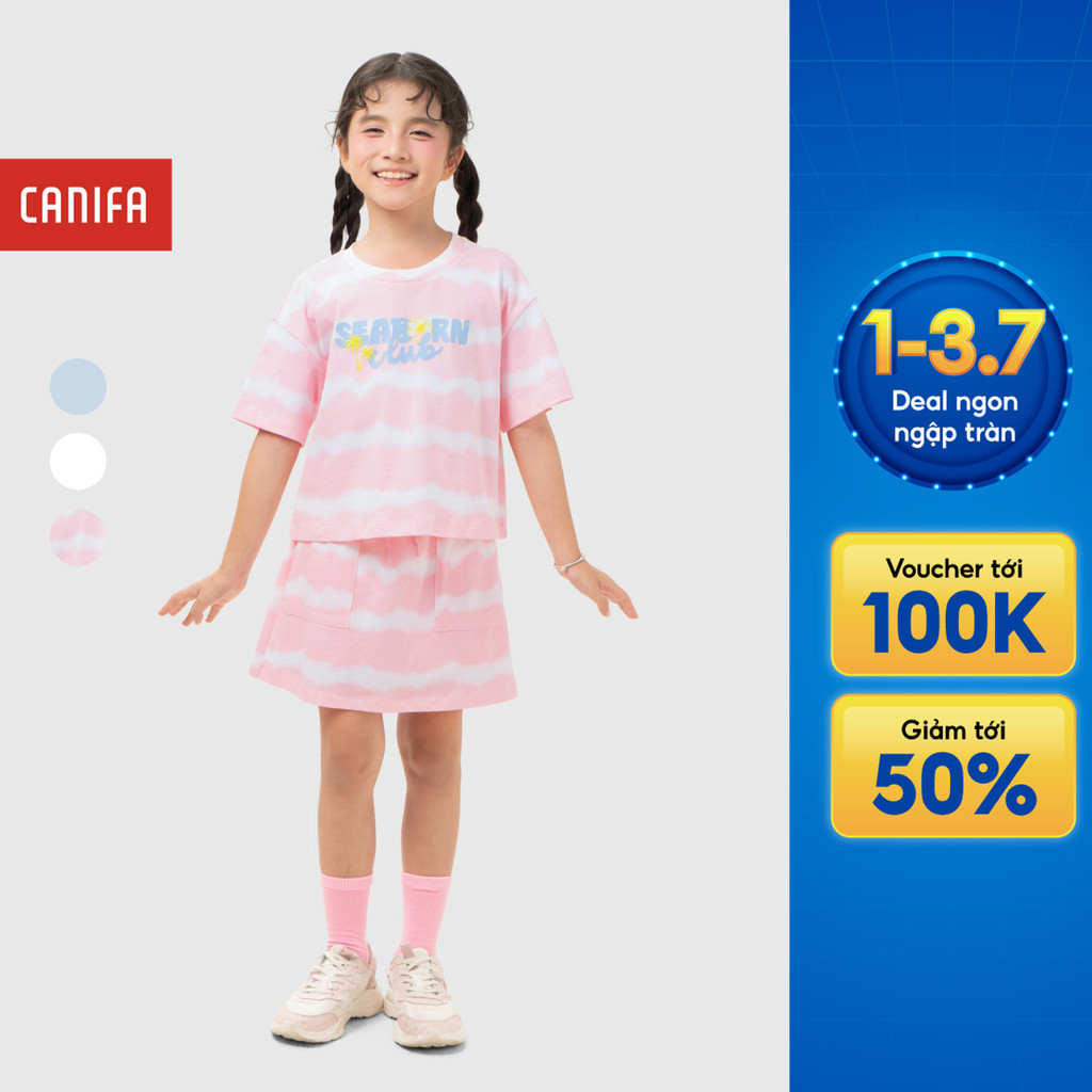 Bộ quần áo bé gái CANIFA set bộ áo thun mix chân váy cộc tay chất cotton mềm mại thoáng mát 1ST26S001