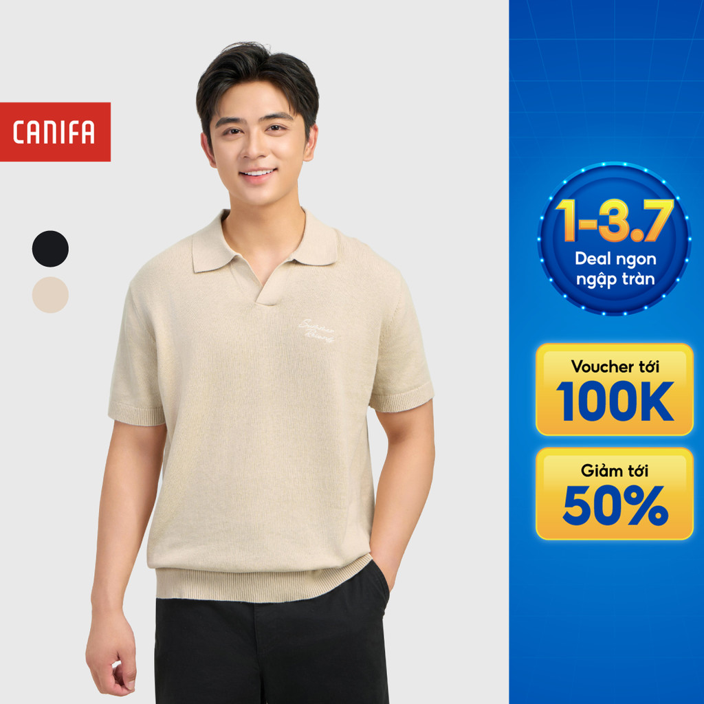 Áo len nam CANIFA cô polo ngắn tay cotton linen dáng rộng 8TE26C001