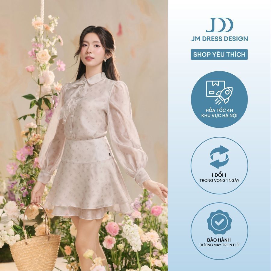 Set Áo sơ mi cổ đức tròn đính nơ họa tiết 2R05.2503OG, Chân váy pattern đổ hai tầng họa tiết 4R02.2503OG, set đồ nữ JM