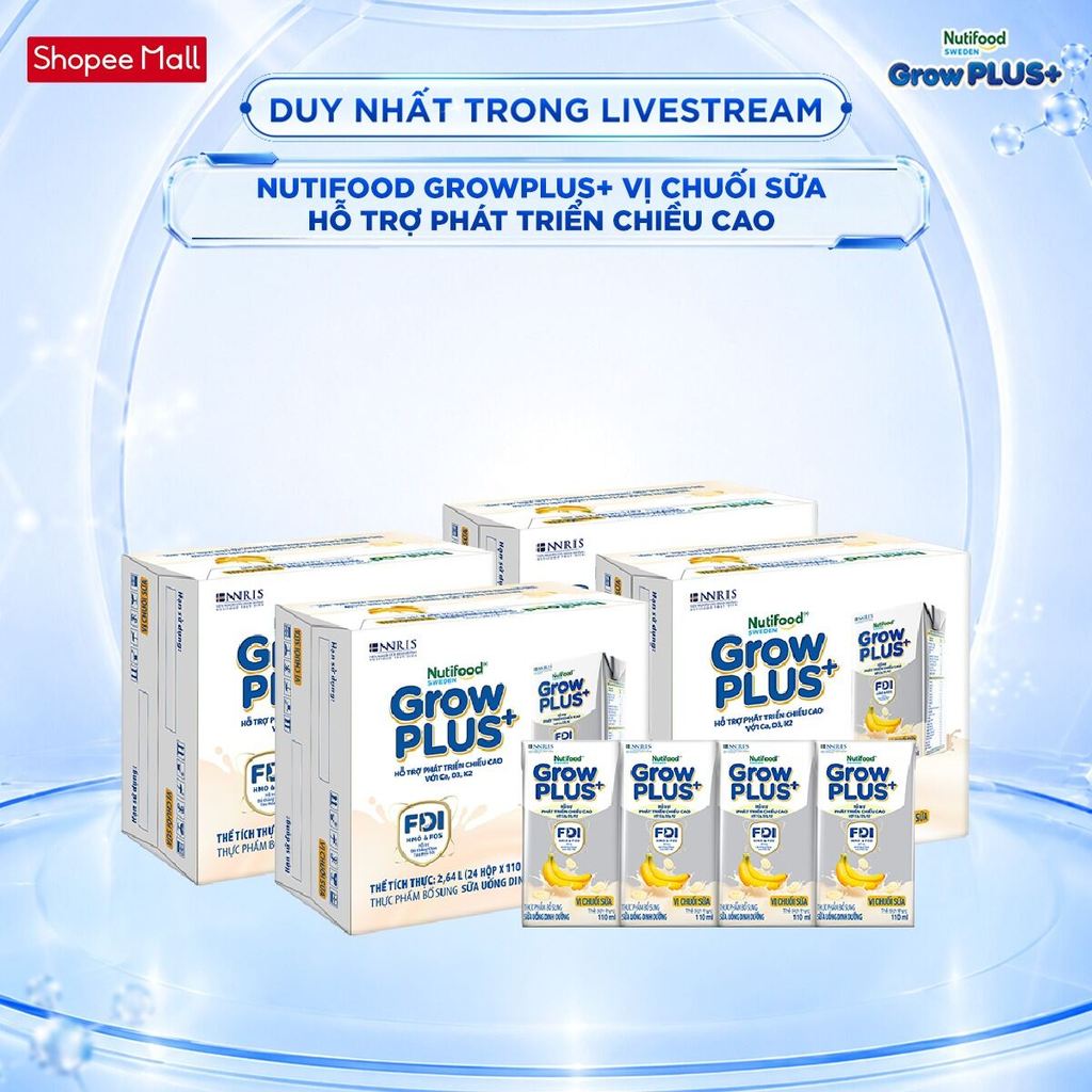 [Livestream Hannah Olala] Combo 4 Thùng 24 hộp Sữa bột pha sẵn Nutifood GrowPLUS+ Vị Chuối Sữa hộp 110ml - Trên 1 tuổi