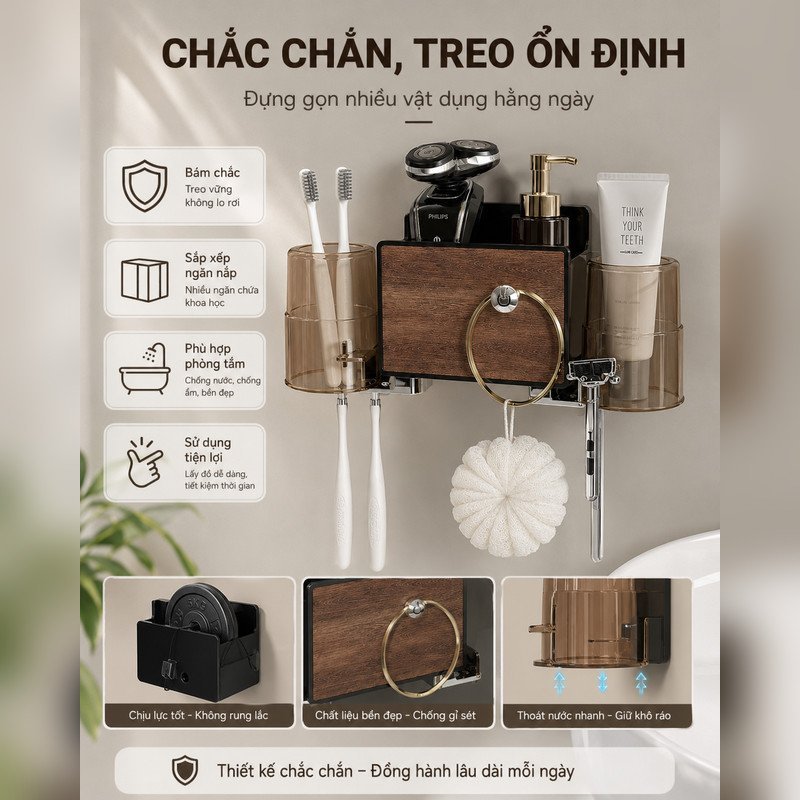 Kệ Đựng Bàn Chải Đánh Răng Hút Chân Không Dán Tường Không Khoan Nhựa Pet Có Cốc