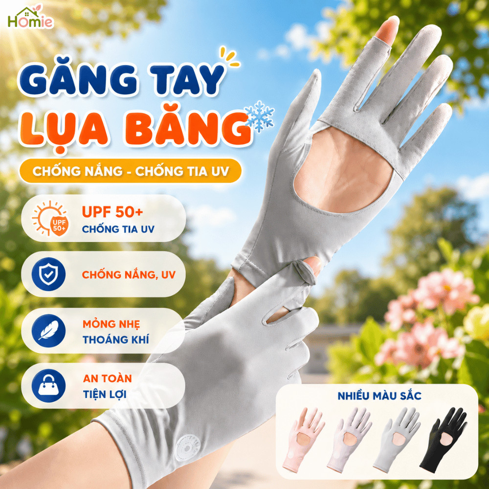 Găng Tay Chống Nắng Nữ Lụa Băng Chống UV 99% Mát Lạnh HOMIE, Bao Tay Lái Xe Hở Lòng Bàn Tay Chống Trượt