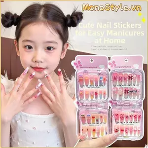 MONOSTYLE Trẻ Em Đeo Móng Tay, Nhãn Dán Móng Tay Dài Hoạt Hình Trái Tim Anh Đào, 18 Kiểu Dễ Thương Có Thể Tháo Rời Đầu Móng Tay Cho Bé Gái Học Sinh