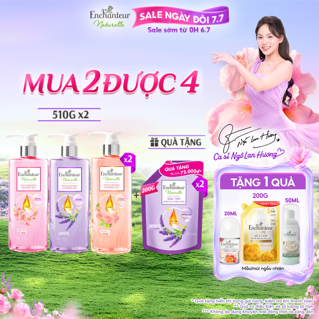 [TẶNG 200gx2 - quà không hiện giỏ] Combo 2 Sữa tắm dưỡng da thiên nhiên Enchanteur Naturelle 510g (Tặng mùi ngẫu nhiên)