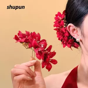 Kẹp Tóc SHUPUN, Kẹp Tóc Hoa Hồng Hoa Đỏ Trang Trí, Đám Cưới Ngọt Ngào Vintage Phong Cách Trung Hoa Truyền Thống Phụ Kiện Tóc Updo Kiểu Tóc