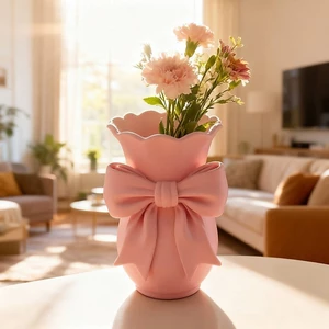 Bình hoa có nơ Họa tiết mờ có nơ màu hồng trang trí để bàn, trang trí phòng ngủ