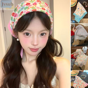 JVSUB Nữ Khăn Trùm Đầu Vuông, Ren Hoa Thoáng Khí Dây Buộc Turban, Dây Buộc Tóc Chống Nắng Thanh Lịch Ngọt Ngào Xuân Hè