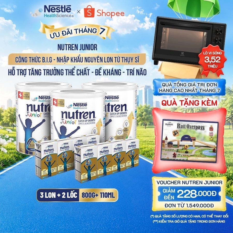 Bộ 3 Sữa Bột NESTLÉ NUTREN JUNIOR Thụy Sĩ Với Công Thức BIG Hỗ Trợ Tăng Trưởng Cho Bé 800G+2 Lốc 4 hộp sữa pha sẵn 110ML