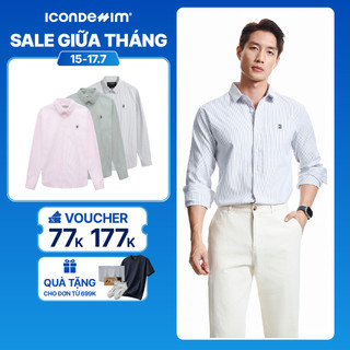 Áo sơ mi nam oxford tay dài ICONDENIM, họa tiết sọc palewave logo thêu tạo điểm nhấn, form slimfit tôn dáng SMID0145