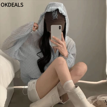 Áo khoác có mũ trùm đầu OKDEALS, Áo khoác chống nắng mỏng dáng rộng vừa vặn, Mùa hè thoáng khí chấm bi dài tay bong bóng Áo khoác khô nhanh