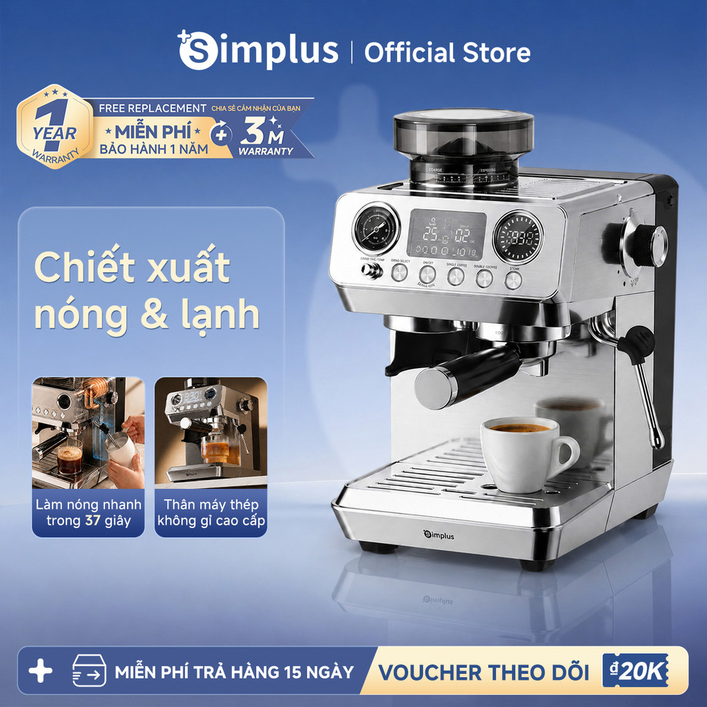 Simplus Máy pha cà phê espresso bán tự động  tích hợp xay–chiết xuất–tạo bọt sữa 3 trong 1 KFJH022