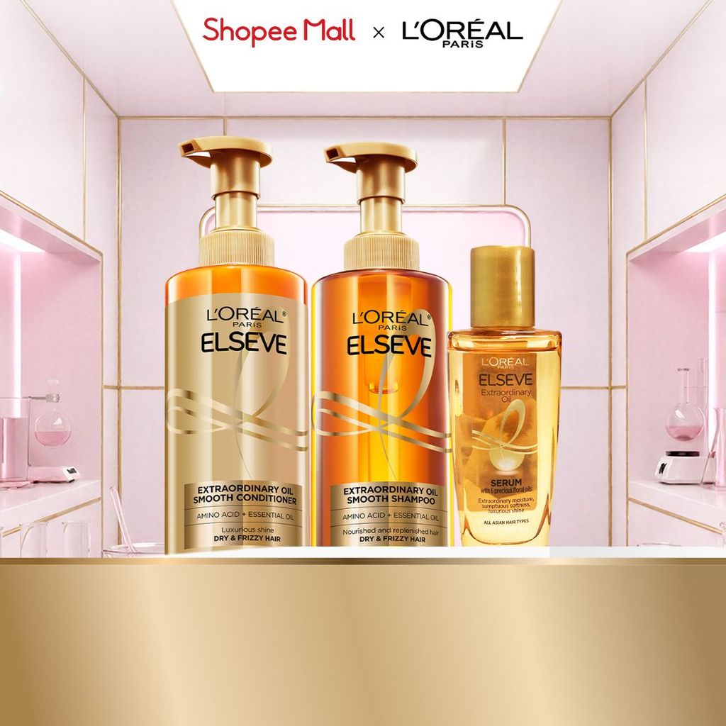 Bộ gội xả dưỡng tóc suôn mượt tóc cao cấp L'Oreal Paris Sleek 440ml x2 & Dầu dưỡng chiết xuất tinh dầu 30ml