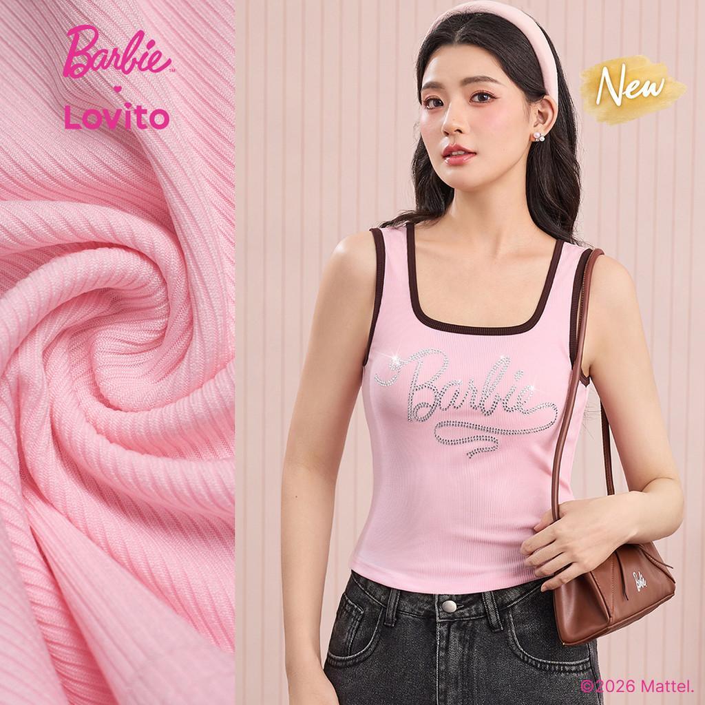 (New Arrival) Barbie™ X Lovito Áo Thun nữ thường ngày màu hồng đính đá Pha lê viền tương phản mùa xuân/hè TKBL6PAD008