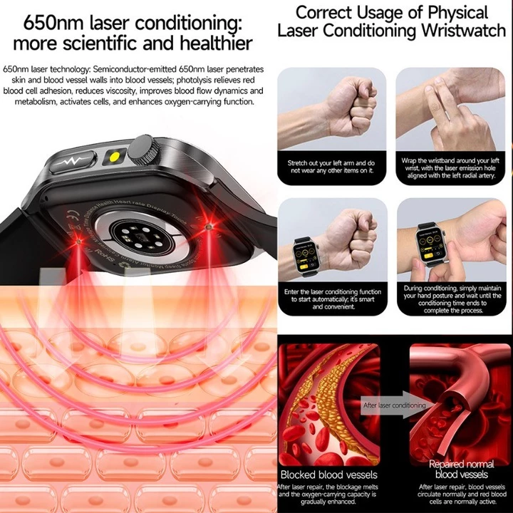 Đồng hồ thông minh 650nm Đầu dò kép Laser Điều hòa sức khỏe Huyết áp Oxy Axit Uric Máu Lipid ECG Đồng hồ thông minh dành cho nam nữ – 2