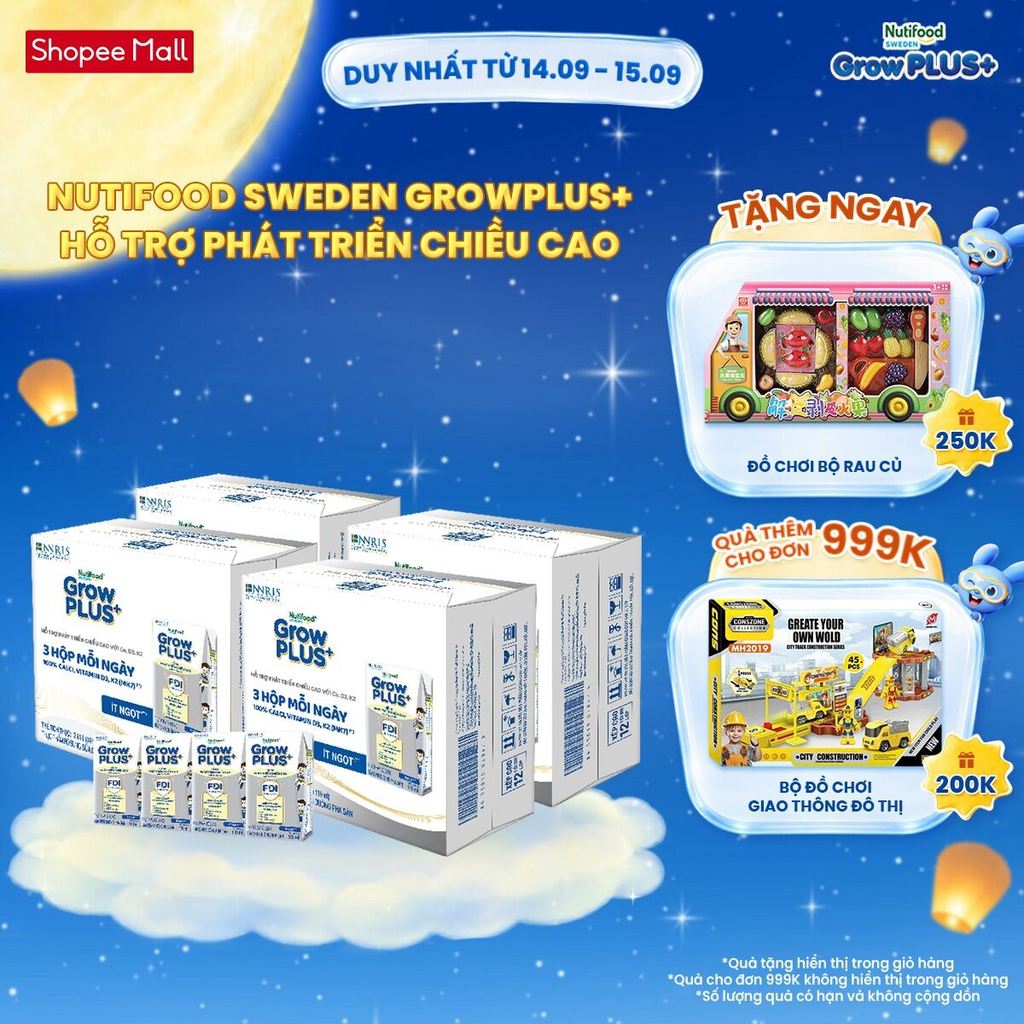 Combo 4 Thùng 24 hộp Sữa Bột Pha Sẵn Nutifood Sweden GrowPLUS+ Cao lớn vượt trội hộp 110 ml