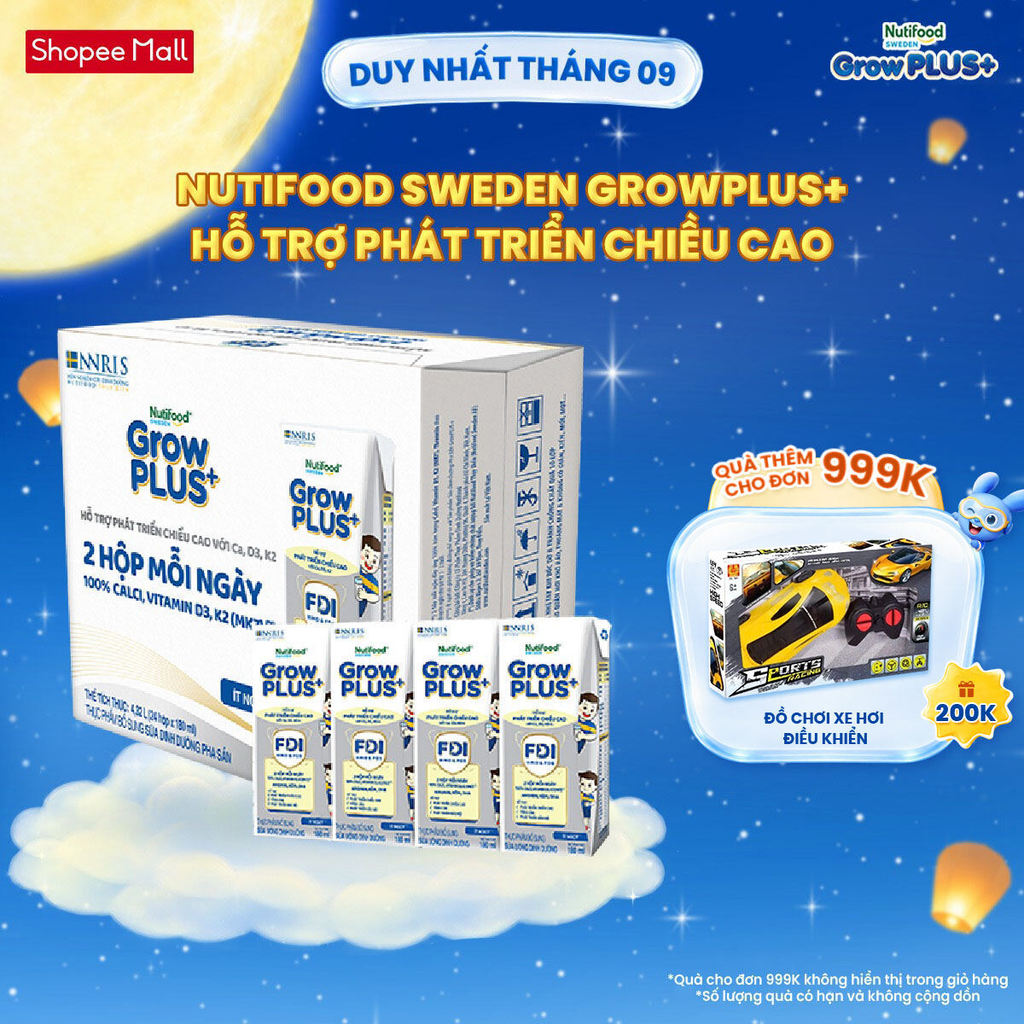Thùng 24 hộp Sữa Bột Pha Sẵn Nutifood Sweden GrowPLUS+ Cao lớn vượt trội 24 hộp 180 ml