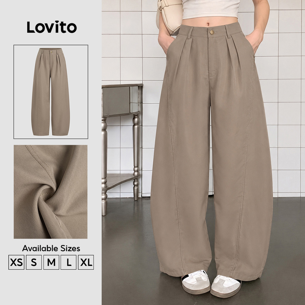 Lovito Quần casual nữ dáng suông cạp nút mùa xuân/hè màu kaki PTK8TD206