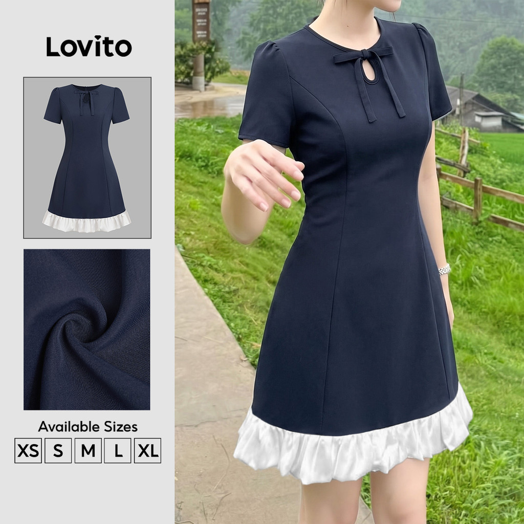 (New Arrival) Lovito Đầm Nữ Dáng a Ngắn Mùa Xuân Hè Kiểu Khoét Giả 2 Trong 1 Thoải Mái Cuối Tuần DRB201P1D197