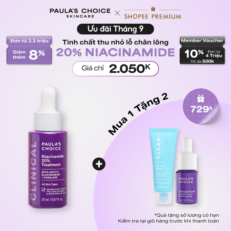 Tinh chất thu nhỏ lỗ chân lông to và làm sáng mịn bề mặt da Paula's Choice Clinical Niacinamide 20% Treatment 20ml 8030