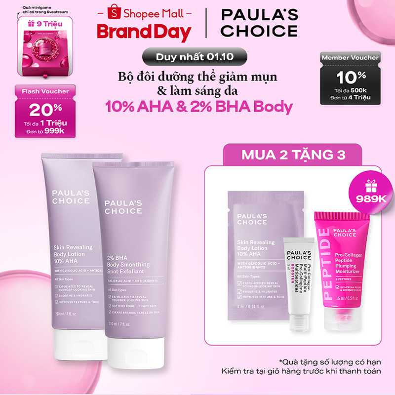 Bộ đôi kem dưỡng thể 10% AHA làm sáng da,mờ thâm+ 2% BHA giảm viêm lỗ chân lông và mụn cơ thể Paula's Choice