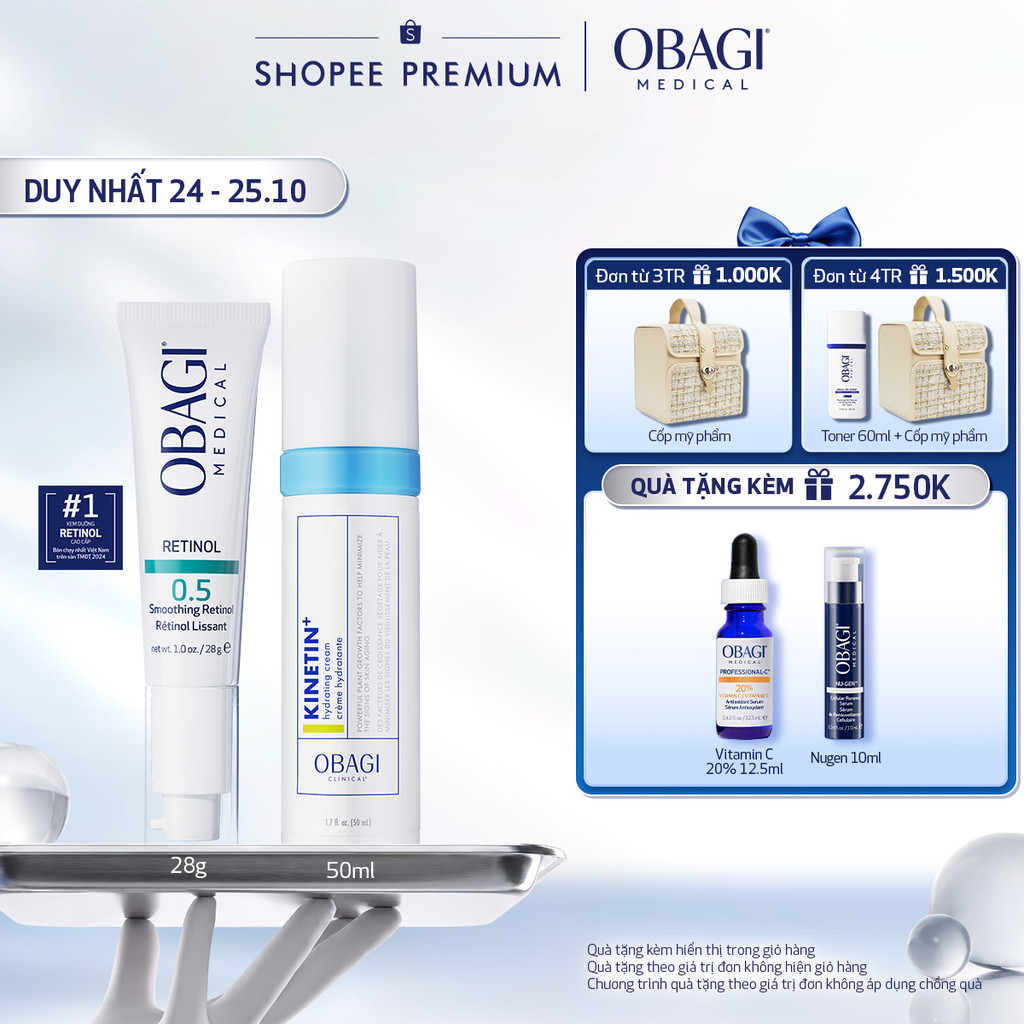 [PHIÊN BẢN MỚI] Bộ đôi Kem Dưỡng Đêm Obagi Retinol 0.5 (28g) và Kem dưỡng Clinical Kinetin+ Hydrating Cream 50ml
