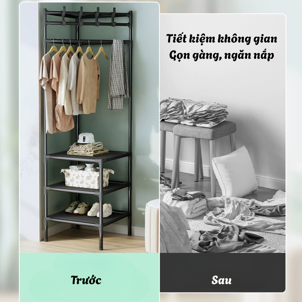 Kệ Treo Quần Áo Đa Năng Có Bánh Xe DINO, Kệ Sắt Treo Quần Áo Kèm Kệ Để Giày Dép, Túi Xách Tiện Lợi