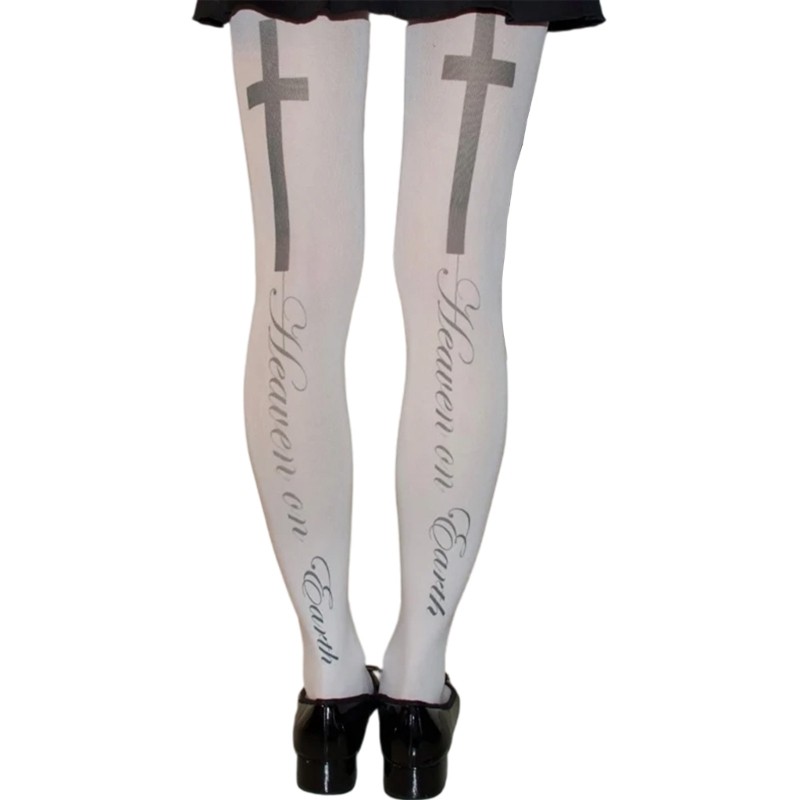 Quần Legging Gothic Nữ Opaque, Phong Cách Nhật Bản, Họa Tiết Chữ Thập và In Chữ Trắng