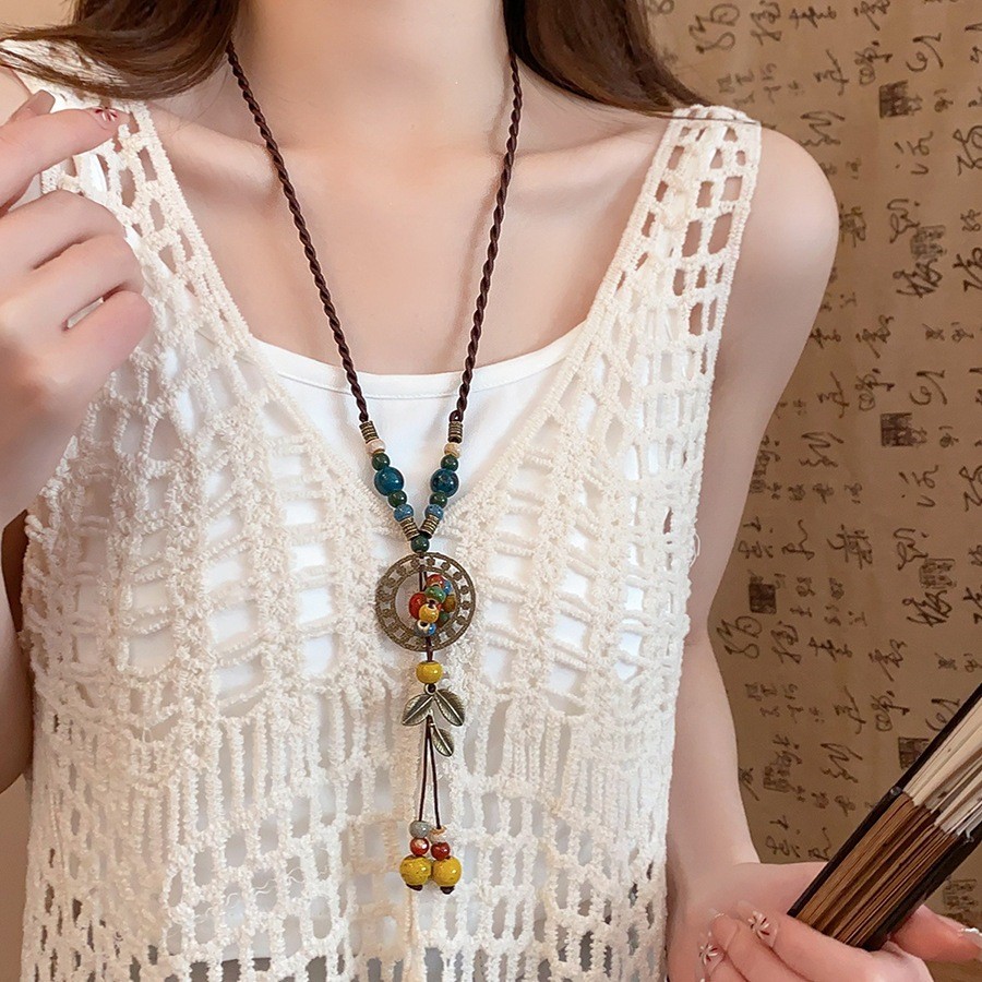 Mặt Dây Chuyền Gốm Hạt Lá Nhiều Màu Sắc, Thiết Kế Dân Tộc, Thích Hợp Làm Phụ Kiên Thời Trang Cho Nữ