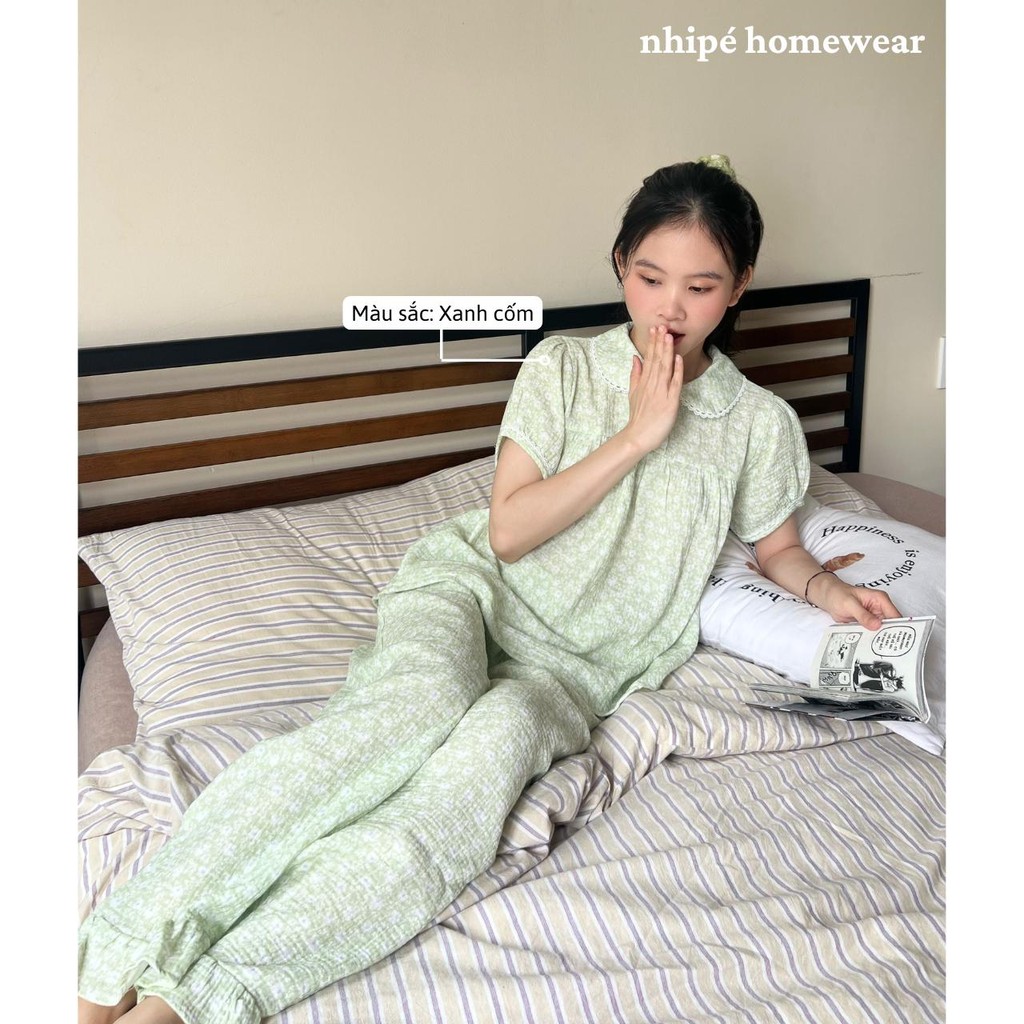 Set cổ sen tay ngắn quần dài nhipé homewear nữ mặc nhà họa tiết hoa dễ thương chât liệu xô muslin cao cấp mềm mịn mát
