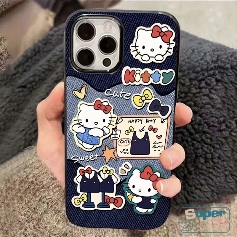 Ốp Lưng Tương Thích Cho IPhone 13 11 16 17 15 14 12 Pro Max Air 12 16 15 14 17 13 Pro 8 16 15 14 6 6s 7 Plus XR X XS Max SE 2020 Thời Trang Denim Dễ Thương Hello Kitty Bìa mềm Bowknot Star