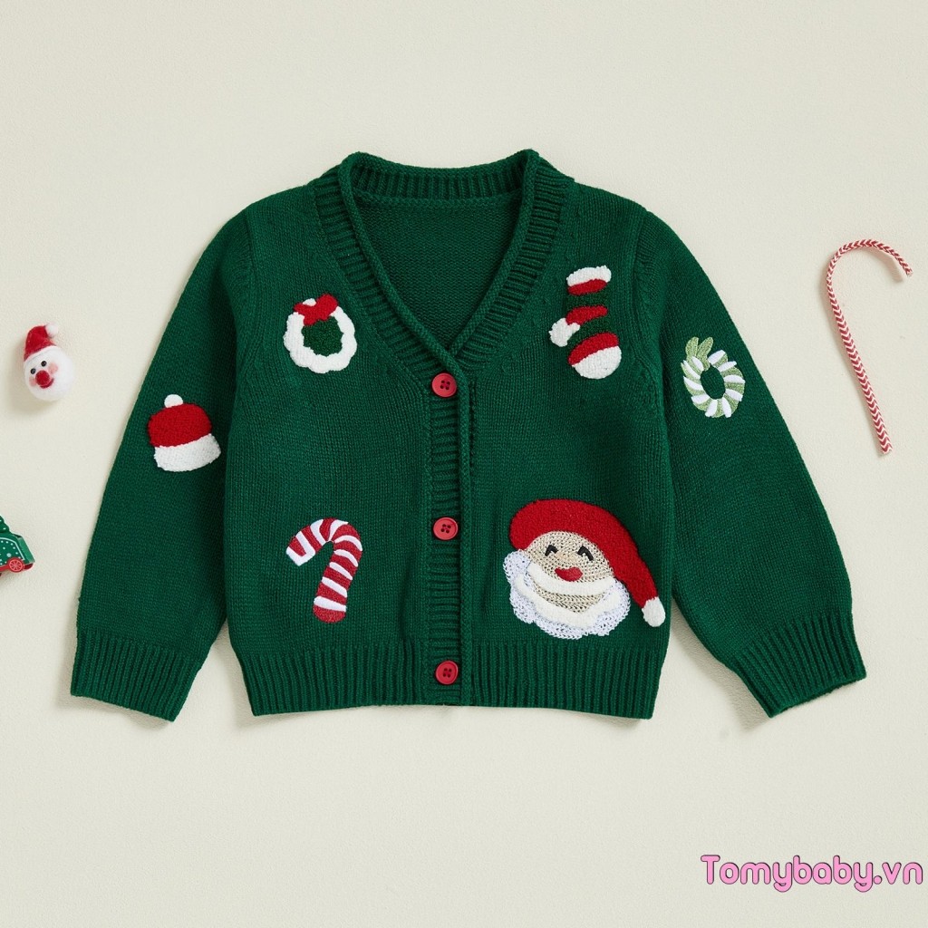 Áo len Cardigan Giáng sinh cho bé Santa Candy Cane Vòng hoa Nút xuống cổ chữ V Áo dệt kim dài tay