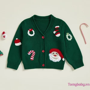 Áo len Cardigan Giáng sinh cho bé Santa Candy Cane Vòng hoa Nút xuống cổ chữ V Áo dệt kim dài tay