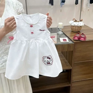 ✿ Váy không tay màu trắng Hàn Quốc cho bé gái Váy thêu Hello Kitty mùa hè Cotton thoáng khí