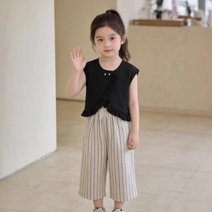 ✿ Bộ 2 Món Hàn Quốc Bé Gái Đen Ruffle Top & Sọc Quần Ống Rộng Thường Ngày Mùa Hè Thoáng Khí Trang Phục