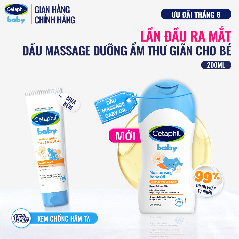 [LIVE] Dầu massage dưỡng ẩm làm dịu da bé với hoa cúc Calendula Hữu Cơ Cetaphil Baby Moisturising Baby Oil 200ml