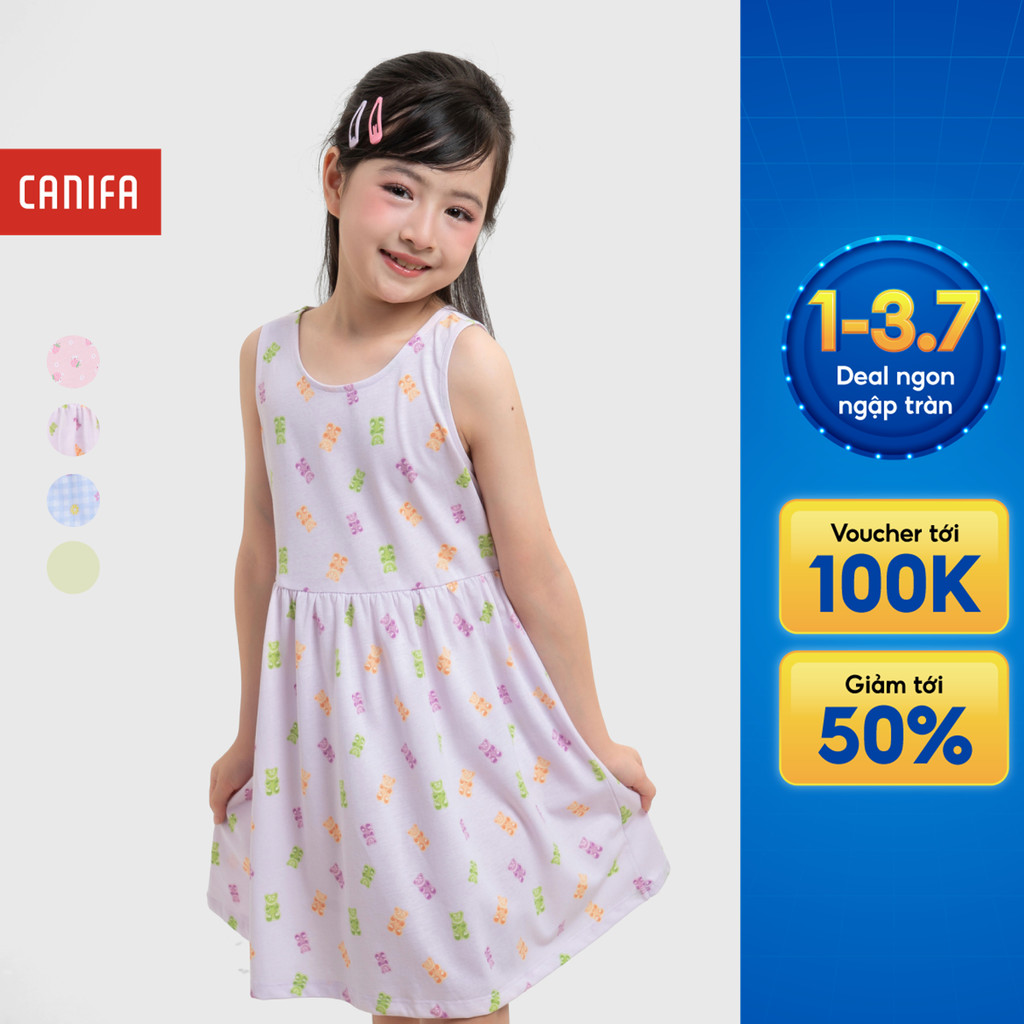 Váy liền bé gái CANIFA cổ tròn sát nách có hình in 1DS26S001