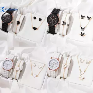 Kudosation 5 Cái / bộ Đồng Hồ Nữ Thời Trang Mặt Tròn Đồng Hồ Cổ Điển Nữ Áo Clo & Bộ Trang Sức Đơn Giản Cho Nữ Quà Tặng Đẹp